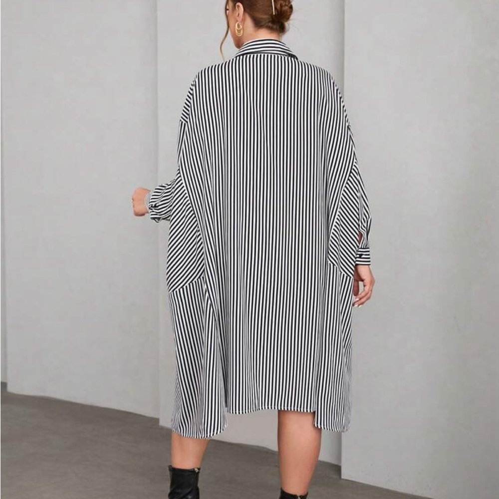 Classic Elegant Asymmetrical Hem Button Down Shirt Dress Black White - Picture 2 of 6